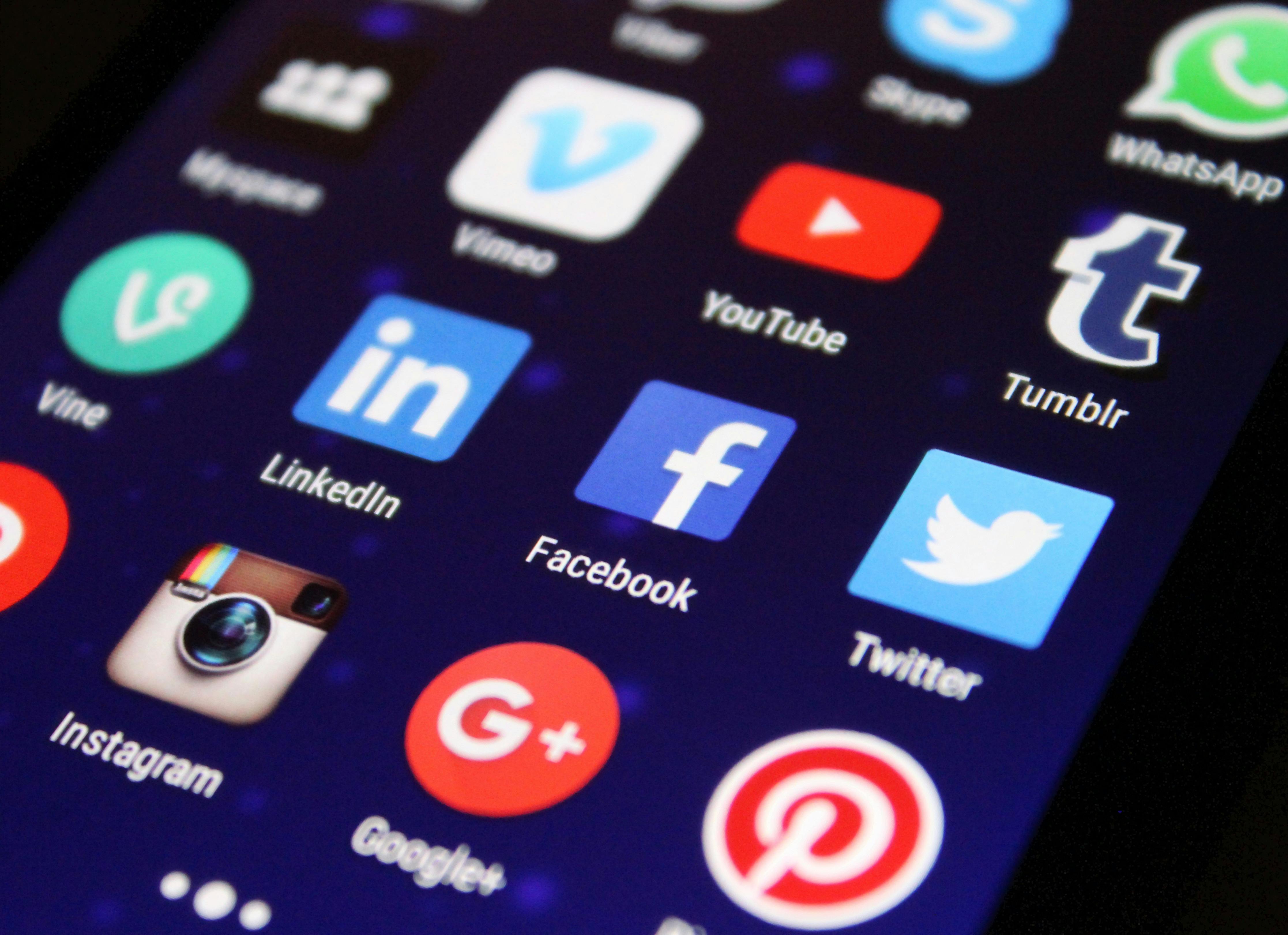 Icons for various social media and communication platforms connected by lines